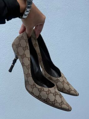 Gucci Tom Ford Era Bamboo Heel GG Brown Monogram Pointed-Toe Stiletto Heels